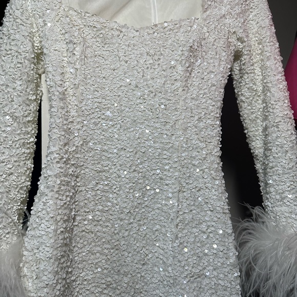 Long Sleeved Sequin Mini Dress w/ Feather Trim - Picture 9 of 12